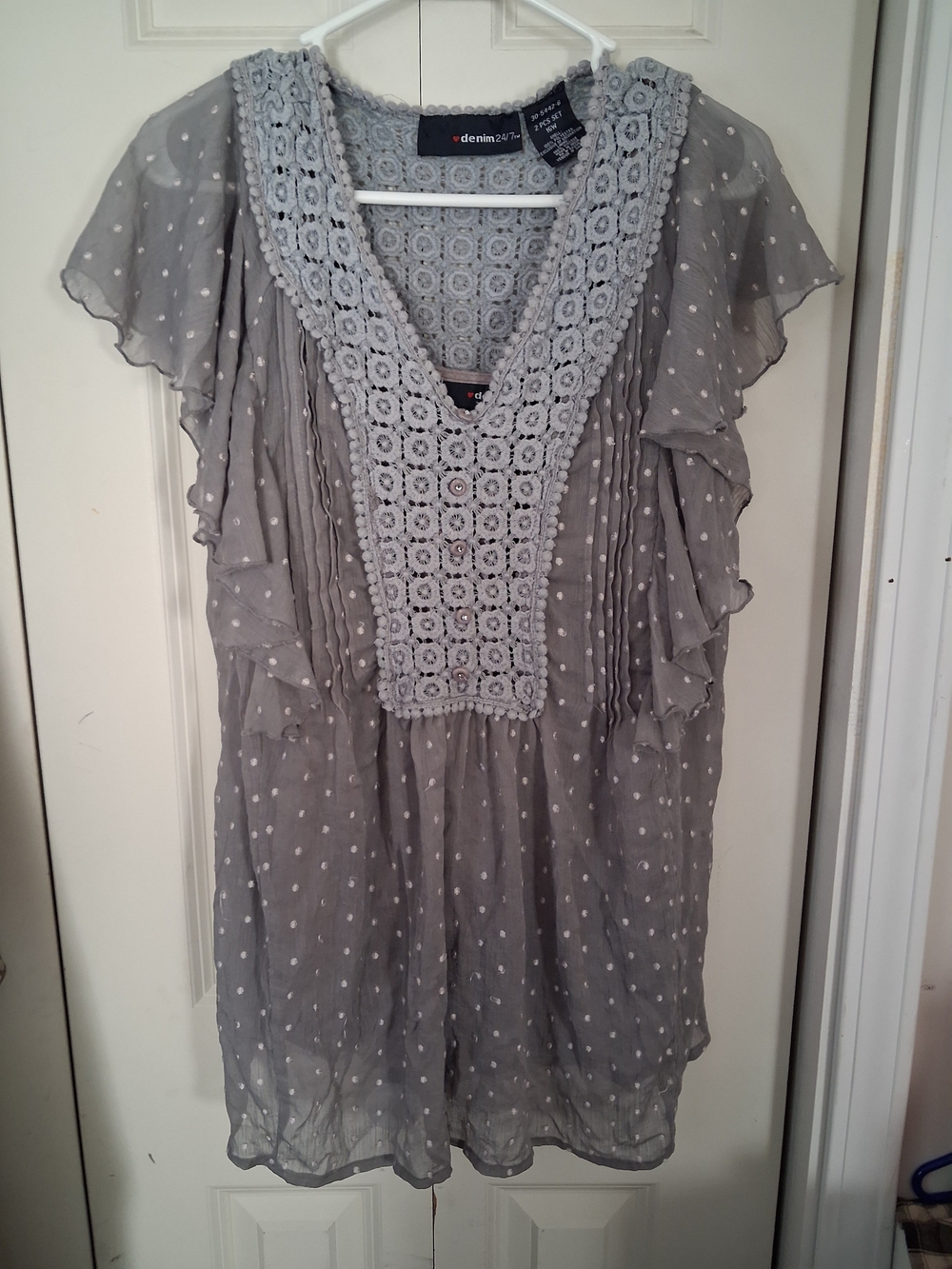 Denim 24/7 Gray Crochet V-Neck Dot Print Tunic